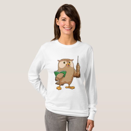 Owl als leraar met boek en wijzer t-shirt (Voorkant volledig)