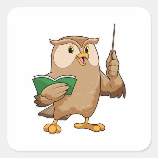 Owl als leraar met boek en wijzer vierkante sticker (Voorkant)