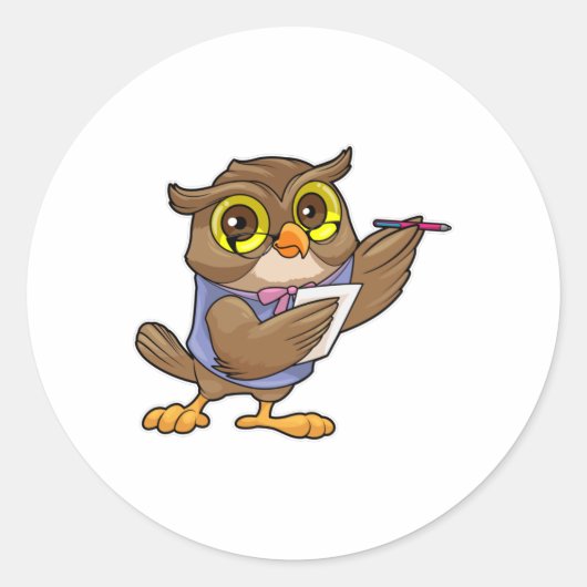 Owl als secretaris met pen en notitie ronde sticker (Voorkant)