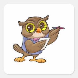 Owl als secretaris met pen en notitie vierkante sticker