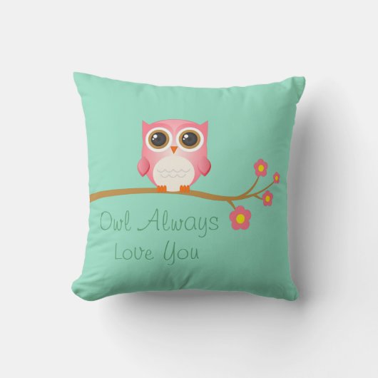 Owl Altijd van je houden Roze Owl op Seafoam Pillo Kussen (Voorkant)