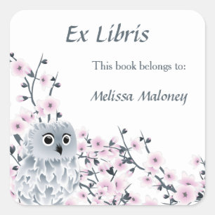 Owl and Cherry Blossom Ex Libris Add Name Vierkante Sticker