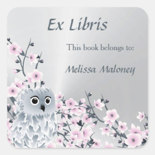 Owl and Cherry Blossom Ex Libris Custom Vierkante Sticker