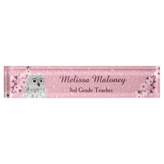 Owl and Cherry Blossom Pink Glitter Naambordje (Voorkant)