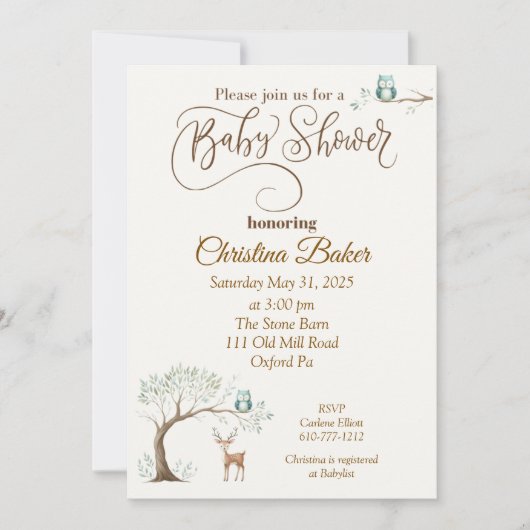 Owl and Deer Baby shower Invitation Kaart (Voorkant)