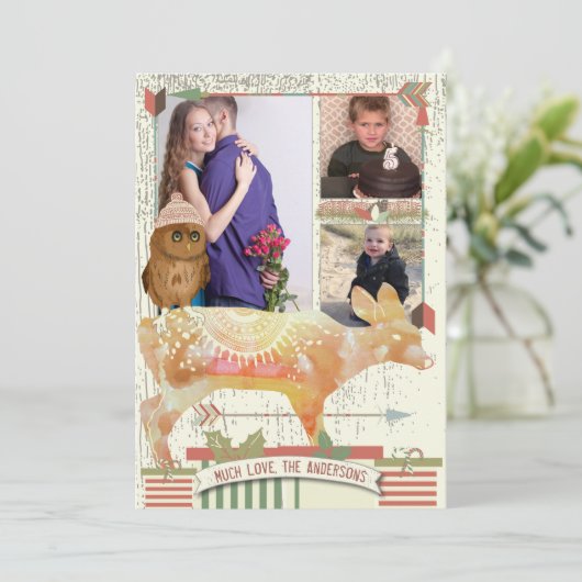 Owl and Fawn Forest Kerstmis met je foto Feestdagenkaart (Staand voorkant)