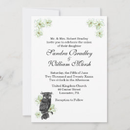 Owl and Green Flowers Wedding Invitation Kaart