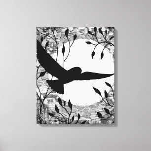Owl and Moon Cross Hatched Canvas Afdruk