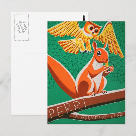Owl and Squirrel Retro Czech Movie Poster Briefkaa Briefkaart (Voorkant / Achterkant)