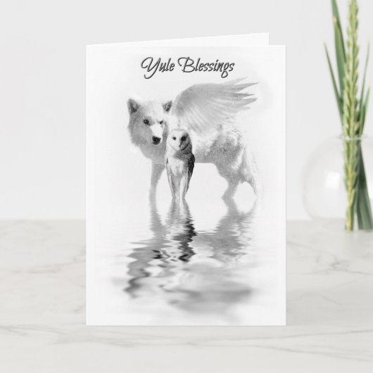 Owl and Winged Wolf Winter Solstice Yule Kaart (Voorkant)