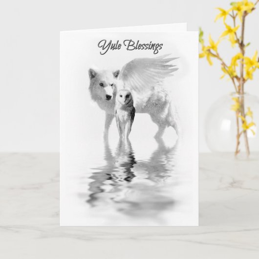 Owl and Winged Wolf Winter Solstice Yule Kaart (Gele Bloem)