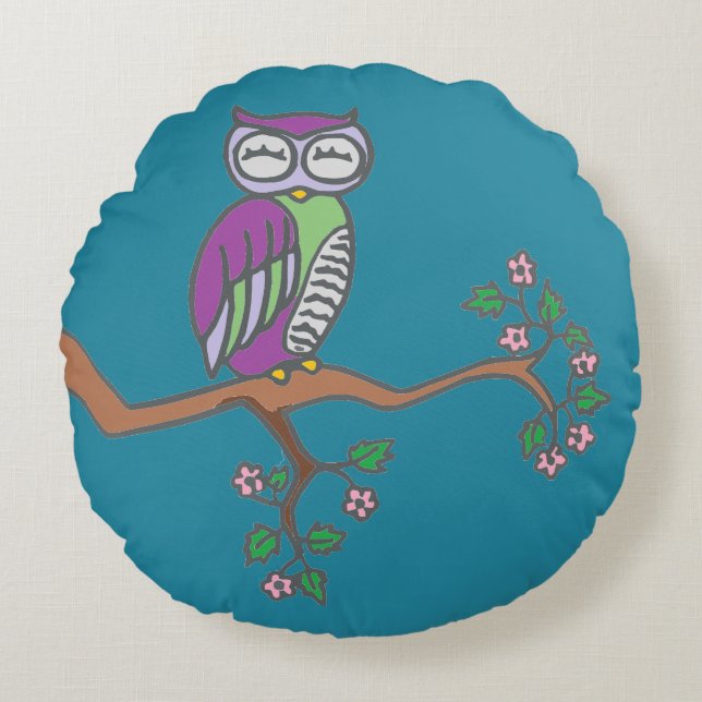 Owl Art Night Blue Rond Kussen (Voorkant)