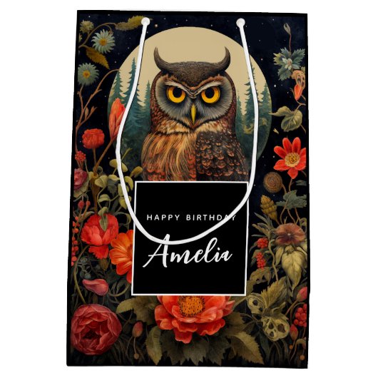 Owl at Night with a Full Moon Birthday Medium Cadeauzakje (Achterkant)