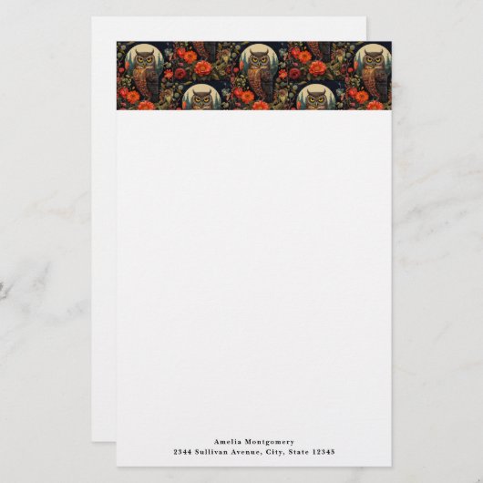 Owl at Night with a Full Moon Pattern Briefpapier (Voorkant / Achterkant)