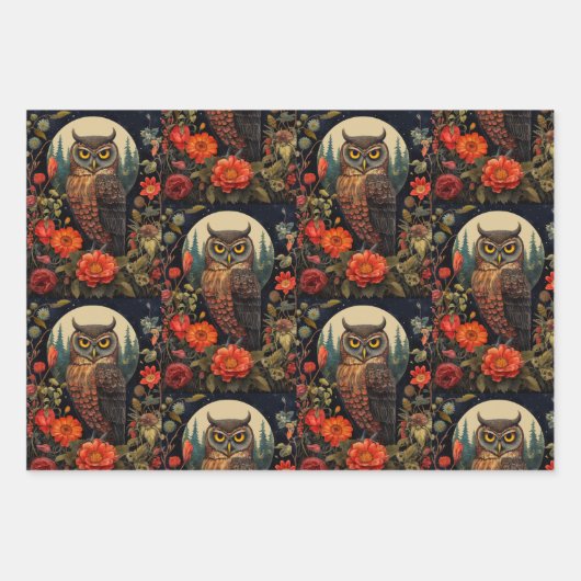Owl at Night with a Full Moon Pattern Inpakpapier Vel (Voorkant)