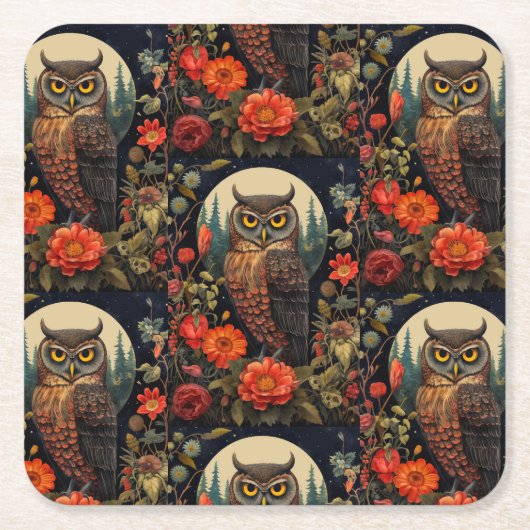 Owl at Night with a Full Moon Pattern Kartonnen Onderzetters (Voorkant)