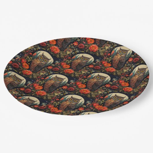 Owl at Night with a Full Moon Pattern Papieren Bordje (Gekanteld)