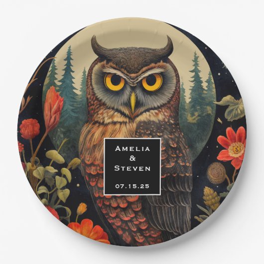 Owl at Night with a Full Moon Pattern Wedding Papieren Bordje (Voorkant)