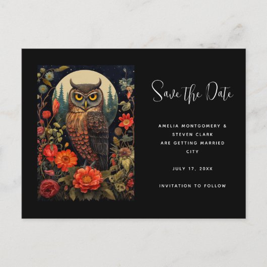 Owl at Night with a Full Moon Wedding Aankondigingskaart (Voorkant)