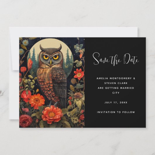 Owl at Night with a Full Moon Wedding Save The Date (Voorkant)