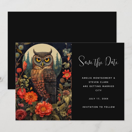 Owl at Night with a Full Moon Wedding Save The Date (Voorkant / Achterkant)
