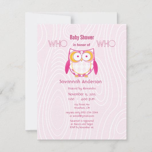 Owl Baby Girl PINK Wood Grain Pattern Shower Kaart (Voorkant)