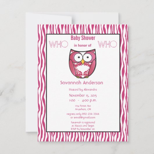 Owl Baby Girl PINK Zebra Stripe Shower Uitnodiging (Voorkant)