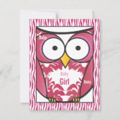 Owl Baby Girl PINK Zebra Stripe Shower Uitnodiging (Achterkant)