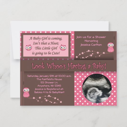 Owl Baby Girl Shower Invitations Kaart (Voorkant)