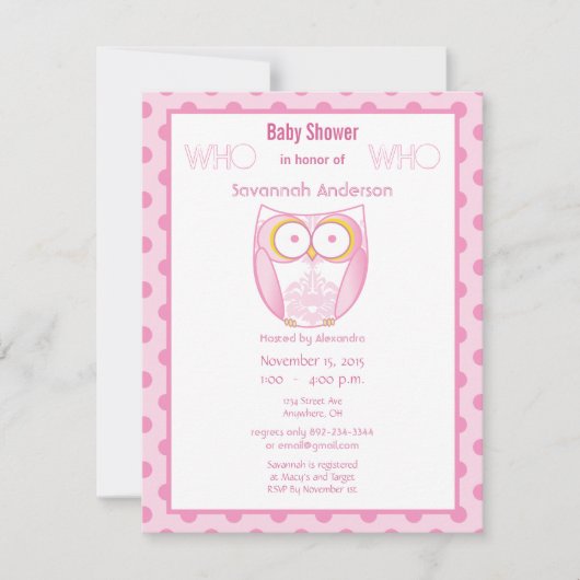 Owl Baby Girl Shower Invitations Kaart (Voorkant)