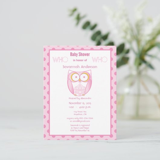 Owl Baby Girl Shower Invitations Kaart (Staand voorkant)