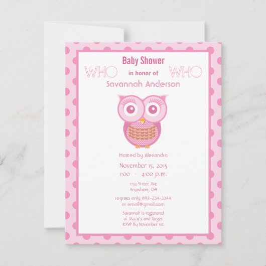 Owl Baby Girl Shower Invitations Kaart (Voorkant)