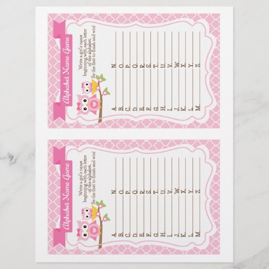 Owl Baby shower Alphabet Name Game (Voorkant)