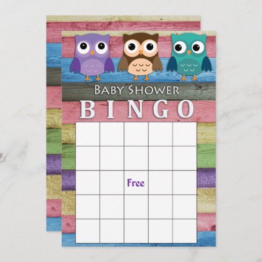 Owl baby shower bingo card kaart (Voorkant / Achterkant)