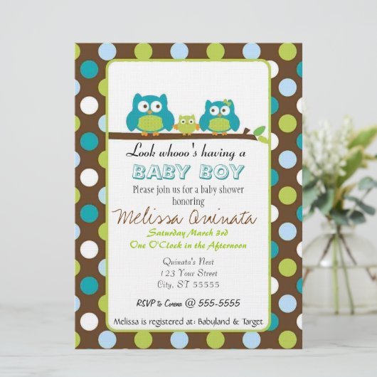 Owl Baby shower BOY nodigt uit Kaart (Staand voorkant)