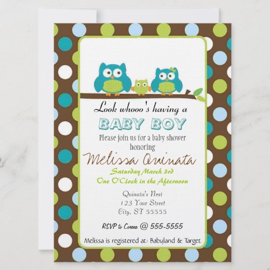 Owl Baby shower BOY nodigt uit Kaart (Voorkant)