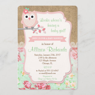 Owl baby shower call burlap lace mint roze kaart