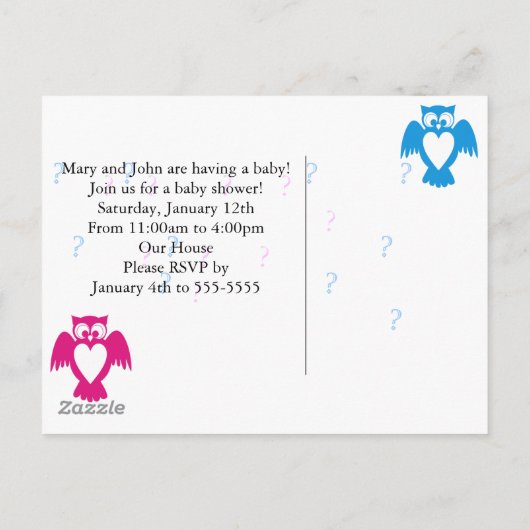 Owl baby shower gender onthulling uitnodiging briefkaart (Achterkant)