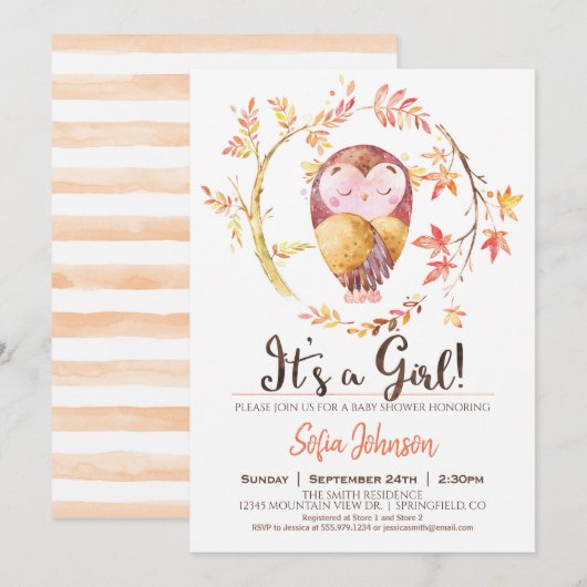Owl Baby shower Girl Invitation Kaart (Voorkant / Achterkant)