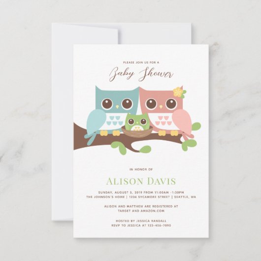 Owl Baby shower Invitation Aankondiging (Voorkant)