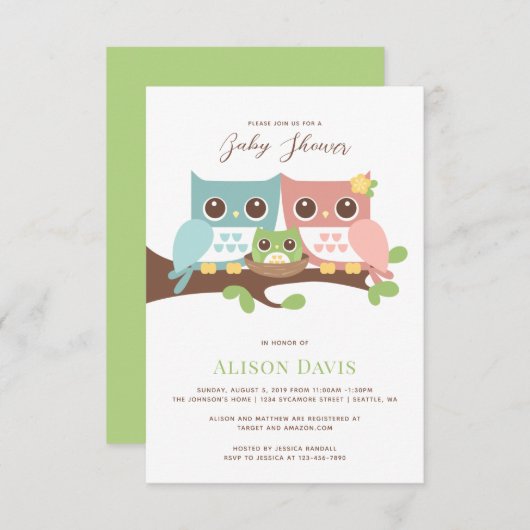Owl Baby shower Invitation Aankondiging (Voorkant / Achterkant)