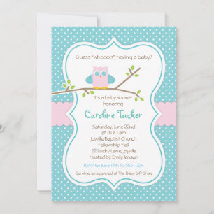 Owl Baby shower Invitation - Baby Girl Pink & Aqua Kaart