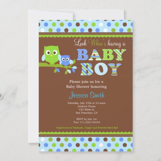 Owl Baby shower Invitation Boy Kaart (Voorkant)