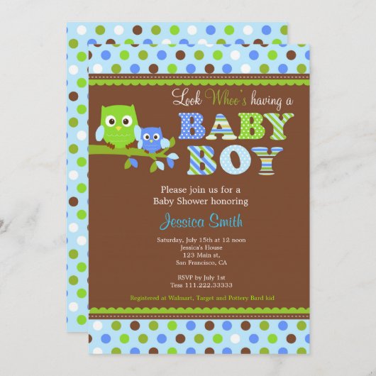 Owl Baby shower Invitation Boy Kaart (Voorkant / Achterkant)