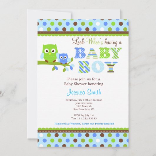 Owl Baby shower Invitation Boy Kaart (Voorkant)