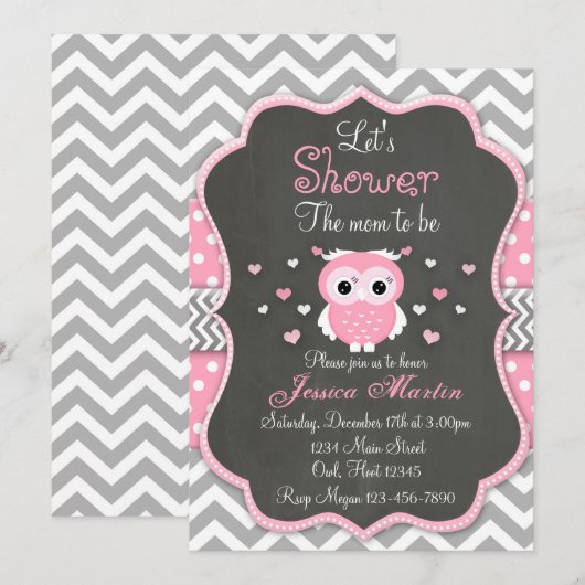Owl Baby shower Invitation, Chevron, Chalkboard Kaart (Voorkant / Achterkant)