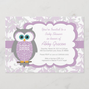Owl Baby shower Invitation for Girls, Paars - 730 Kaart