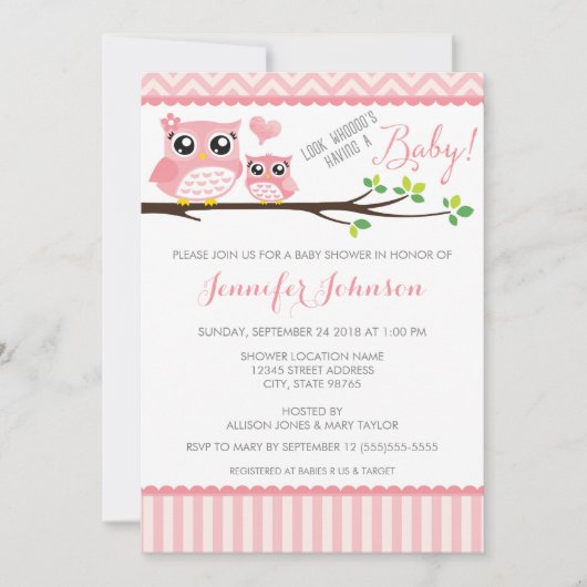 Owl Baby shower Invitation | Roze Chevron | Meisje Kaart (Voorkant)