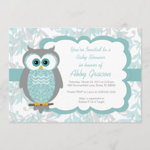 Owl Baby Shower Invitations, Aqua, Grey - 930 Kaart