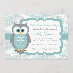 Owl Baby Shower Invitations, Aqua, Grey - 930 Kaart